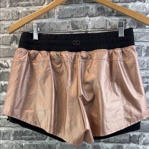 CALI Metallic Rose Gold Athletic Shorts with Black Waistband